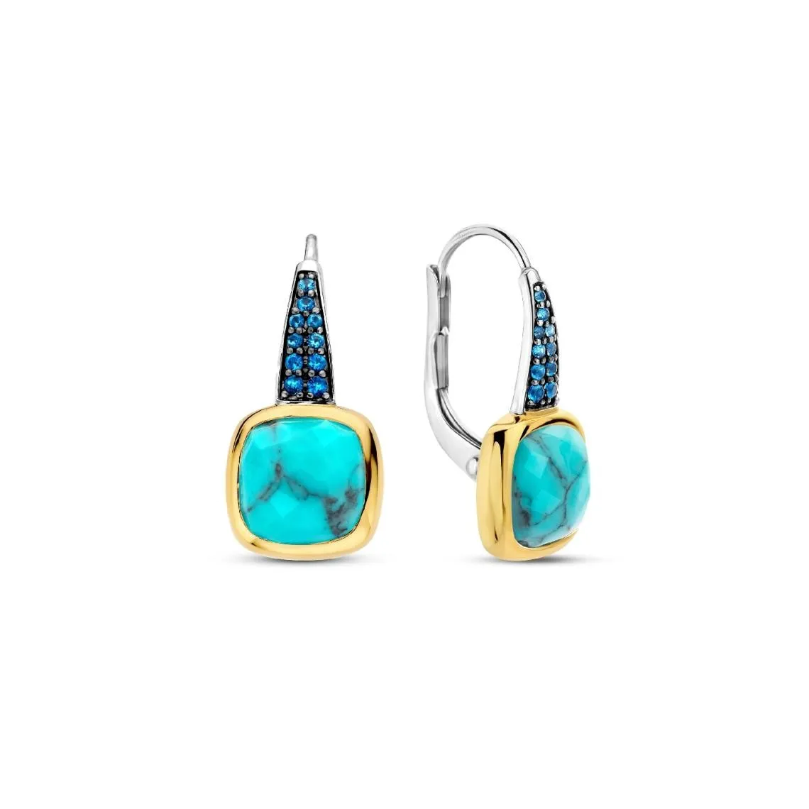 Boucles D\'Oreilles Ti Sento - 7969TQ  Argent Doré Pierre Veinée Turquoise Carré Et Oxydes De Zirconium Ble