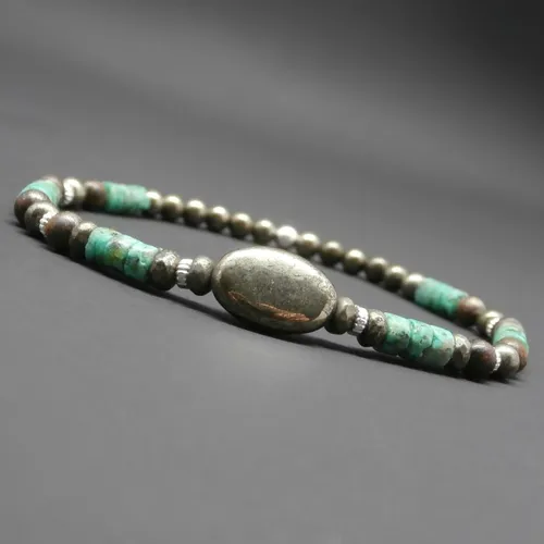 Bracelet fin homme, stretch, gemmes, heishi de turquoise africaine, bronzite mate, perles et galet en pyrite, argent sterling ø4