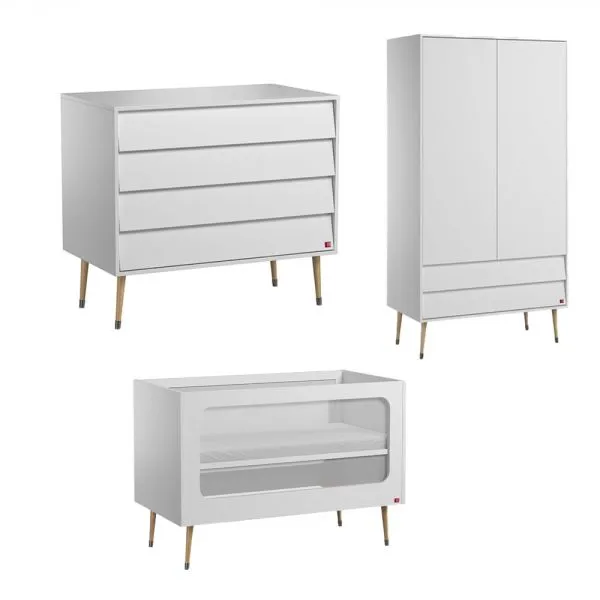 Chambre trio lit 70x140 + commode + armoire blanc - Collection Bosque