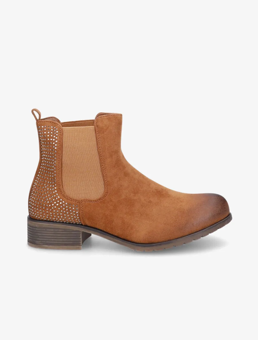 Chelsea boots en suédine à contrefort à strass - Camel