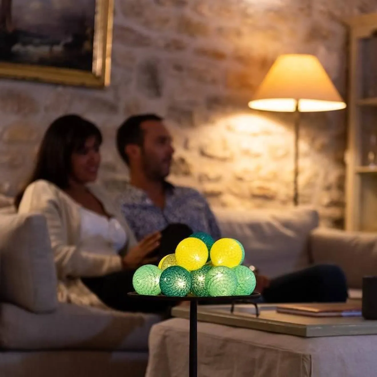Guirlande lumineuse boules coton LED USB - Veilleuse bébé 2h - 3 intensités - 32 boules 3,2m - Scandinave vert - Guirled