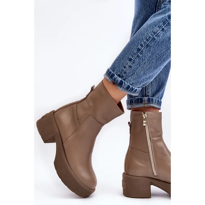Lemar Volavola Bottines en cuir beige foncé à talon bas Lemar