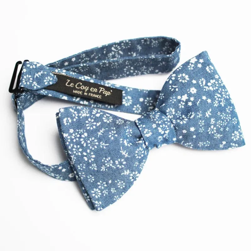 Noeud papillon bleu turquin chambray fleuri - Le Coq En Pap' - Coquerico