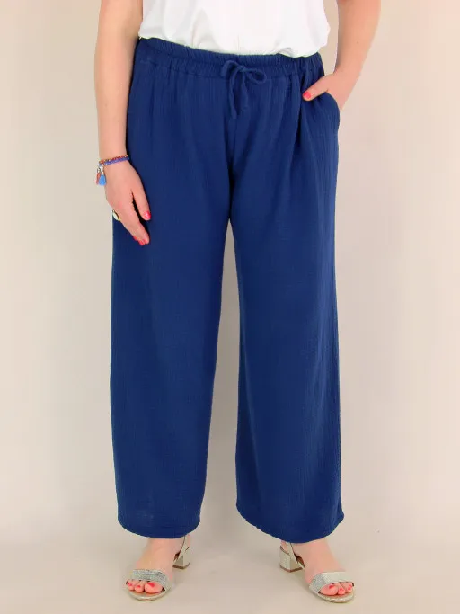 Pantalon été ample ORELLA double gaze de coton bleu marine
