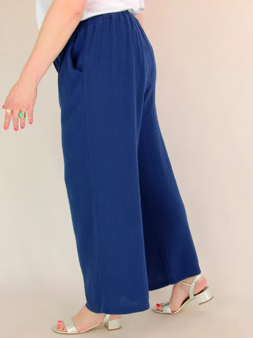 Pantalon été ample ORELLA double gaze de coton bleu marine