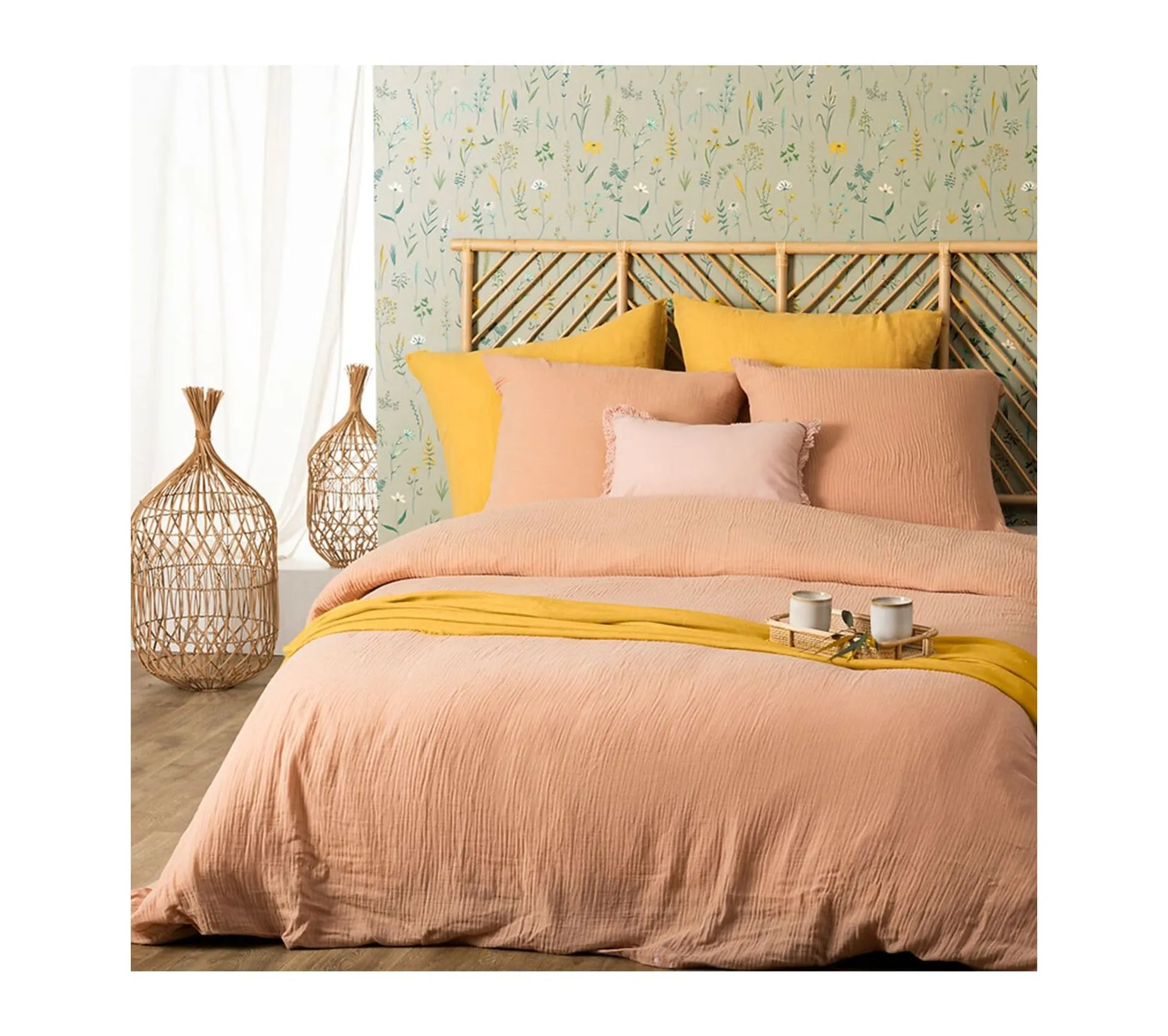Parure De Lit 2 Personnes En Gaze De Coton Rose 240 X 220 Cm Housse De Couette Avec 2 Taies