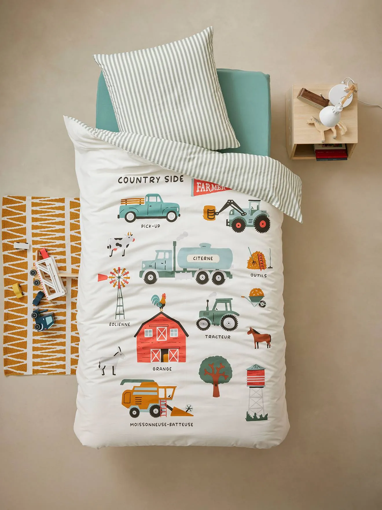 Parure housse de couette + taie d'oreiller avec coton recyclé MOISSON blanc imprimé - Vertbaudet