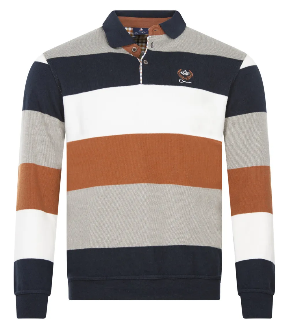 Polo Ethnic Blue avec manches longues et col boutonné camel rayé