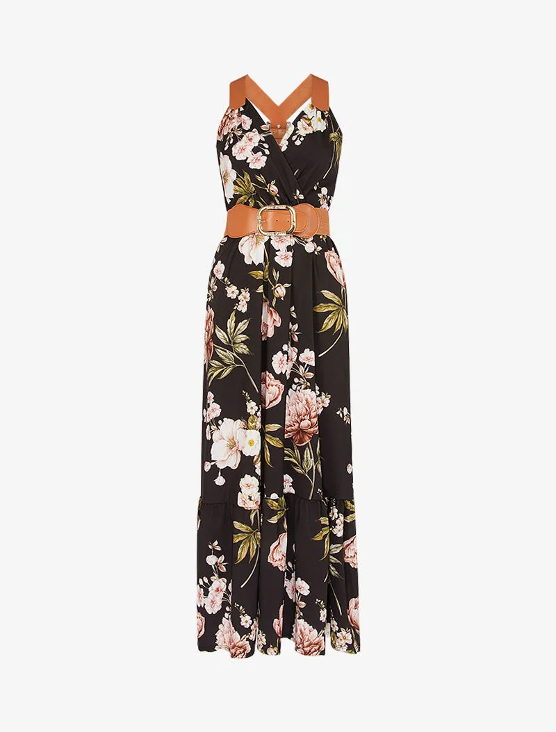 Robe à imprimés et bretelles simili - Noir