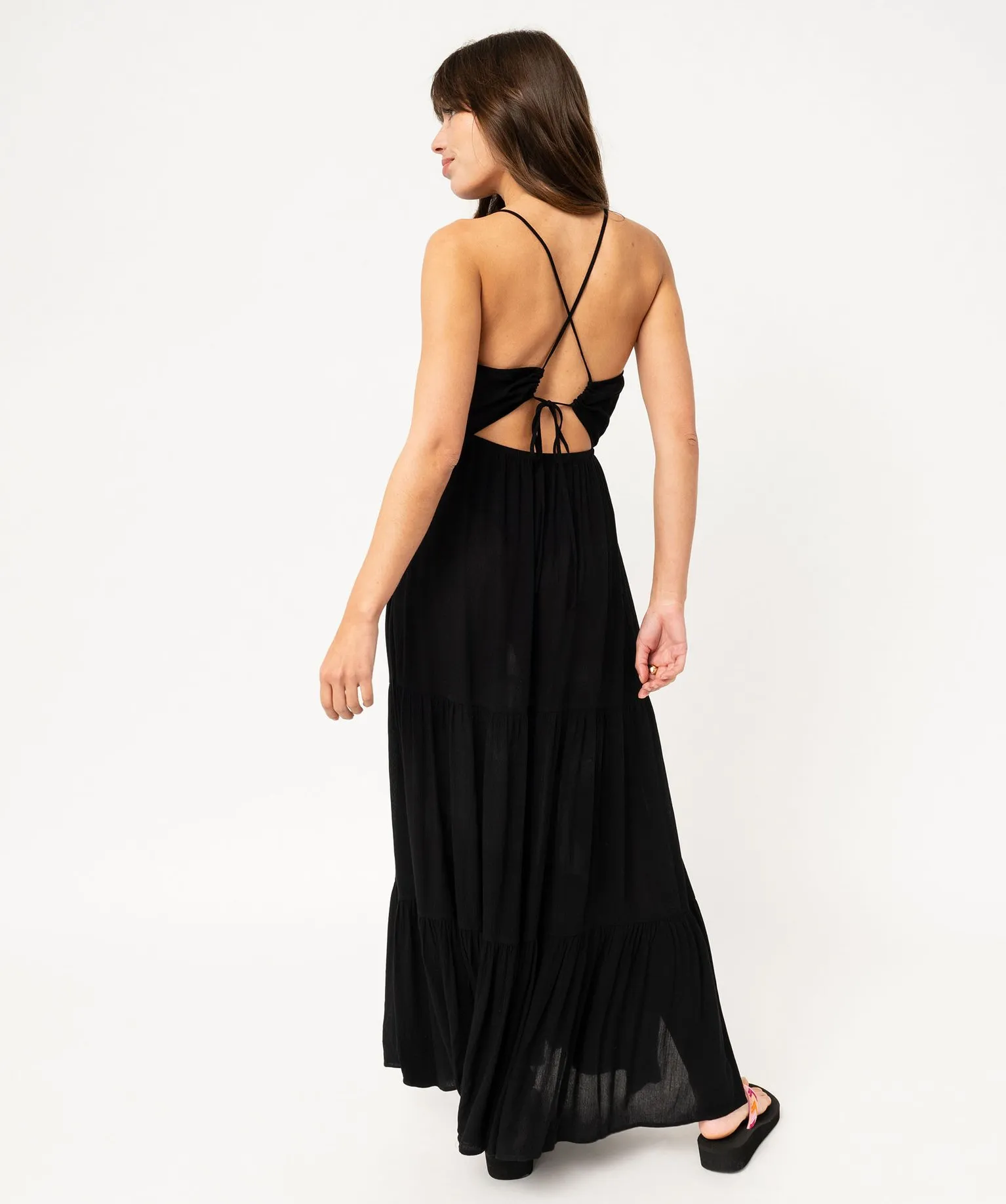 Robe de plage à fines bretelles et volants femme noir