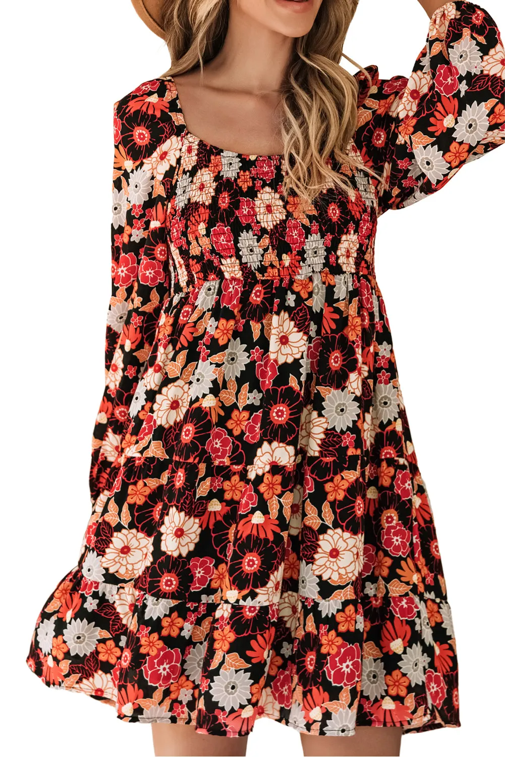 Robe florale smockée multicolore à manches longues et taille haute