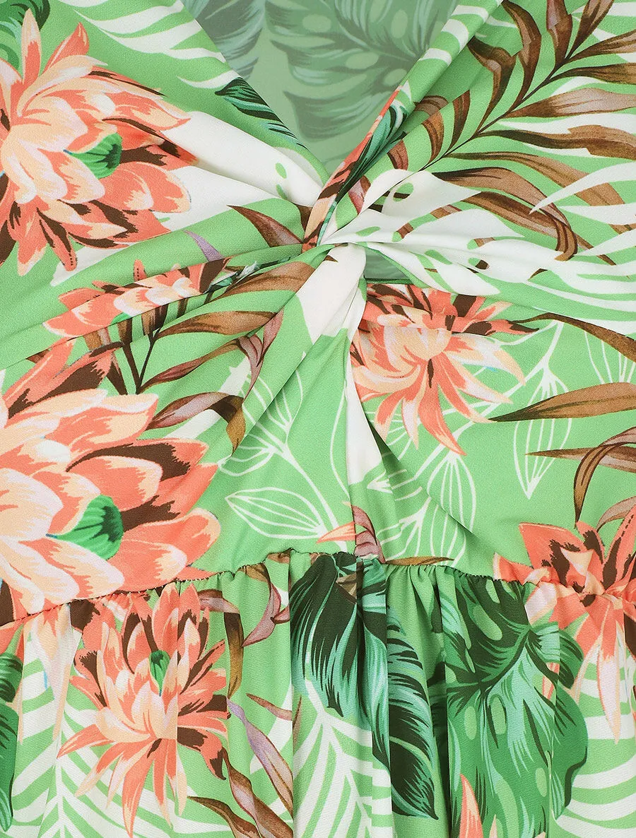 Robe longue col V torsadé imprimé tropical - Vert