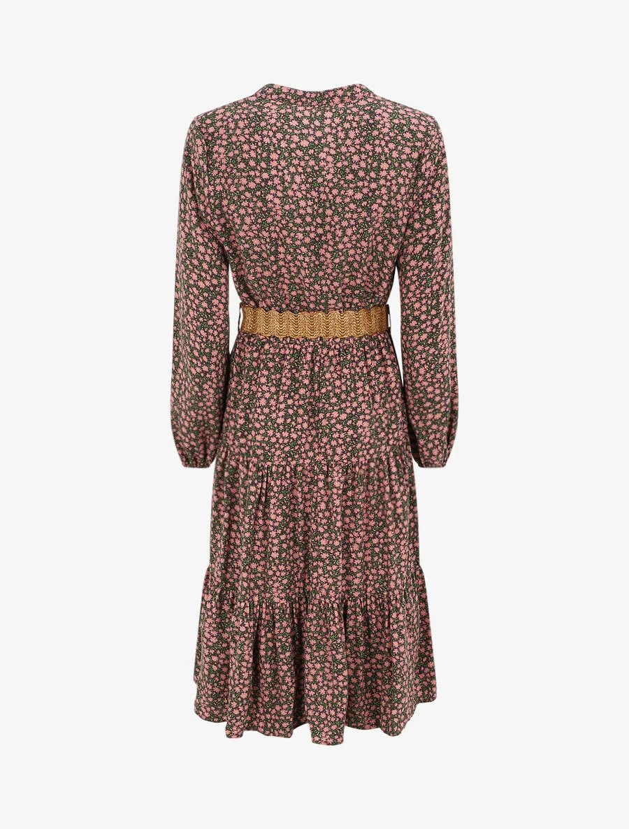 Robe longue empire à imprimé petites fleurs - Vieux rose