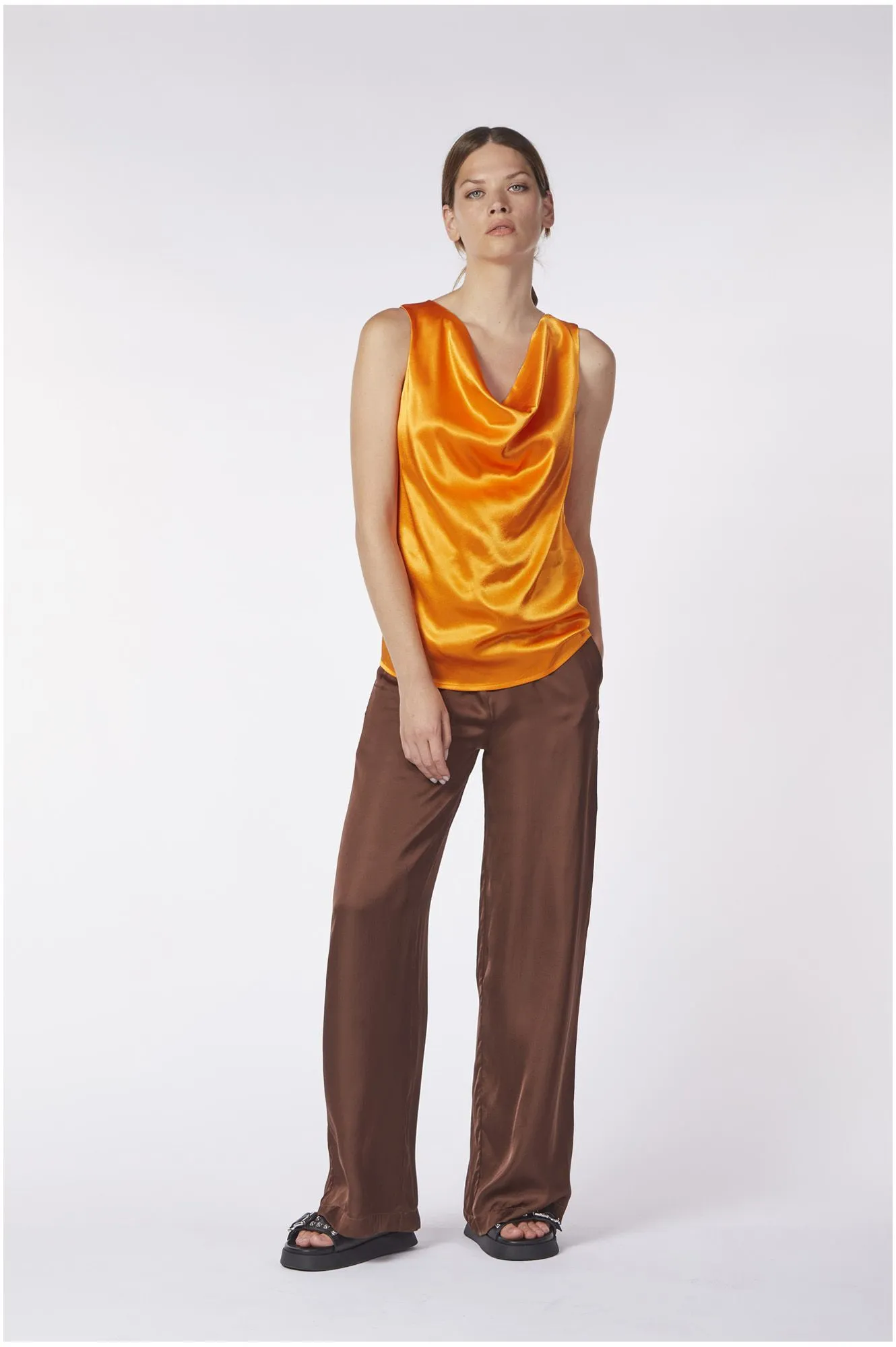 top avec décolleté drapé en satin de viscose orange - CafèNoir